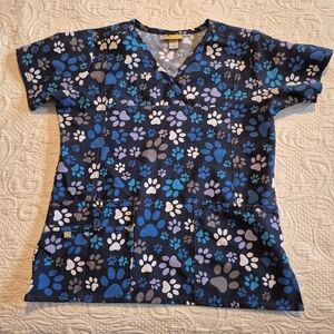 Wonder Wink uniform shirt small blue gray white scrub top 2 front pockets VGUC